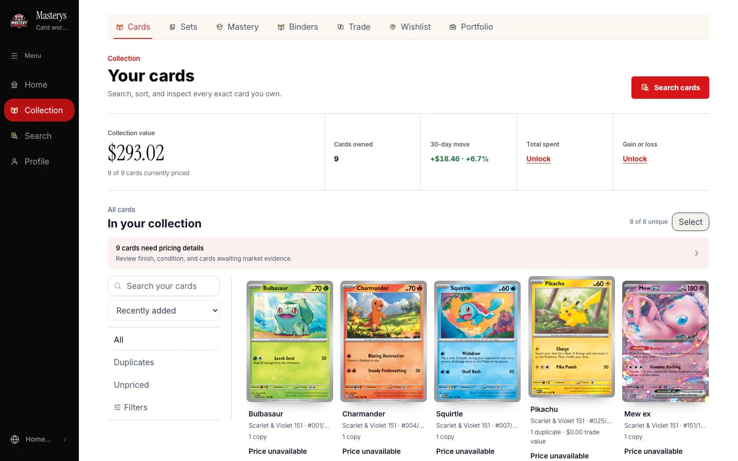 Masterys collection screen with card artwork, values, search, sorting, and filters