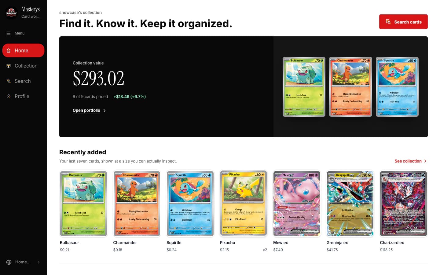 Masterys home screen showing collection value, market movement, recently added cards, and card search