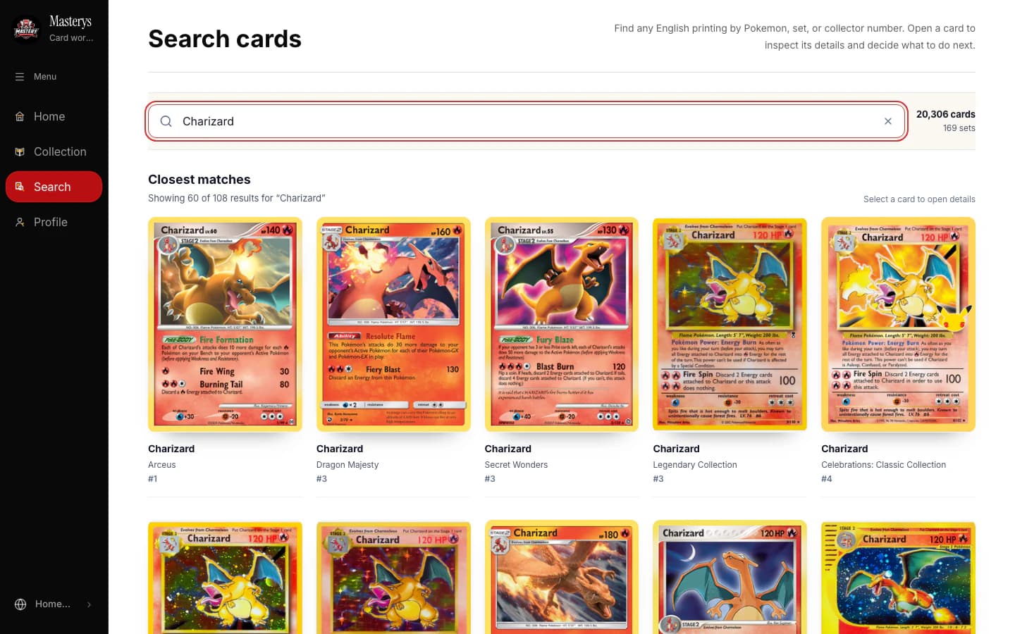Masterys card search showing English Charizard printings from across the catalog